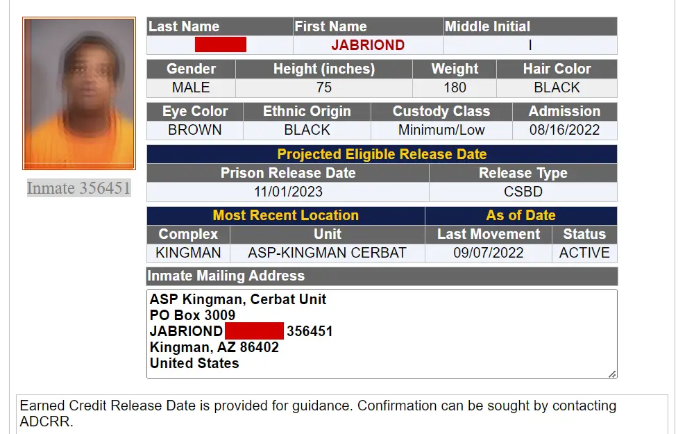 A screenshot of an inmate's information from Arizona State Criminal Records Search Tool, which can be used to find criminal records of inmates incarcerated in their facilities at no cost.
