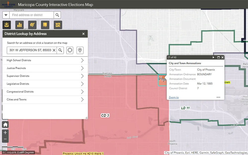 A screenshot of the Maricopa County Interactive Elections Map that can be used to obtain a list of all government agencies that serve the location.