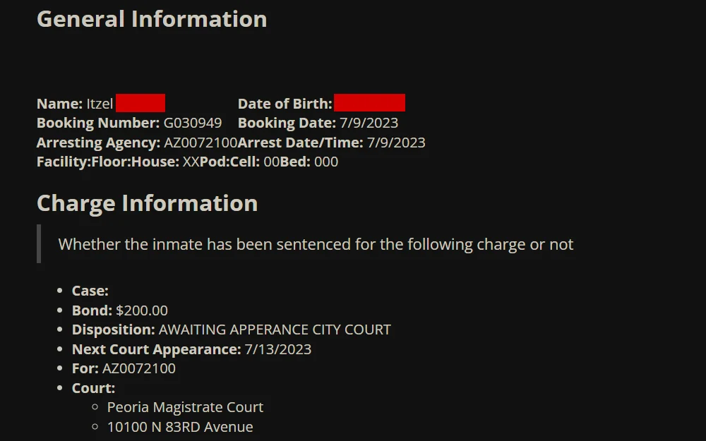 A screenshot of the Maricopa County Inmate Lookup Tool that shows a free arrest history report including information such as name of inmate, booking number, case number, bond amount, and arresting agency.