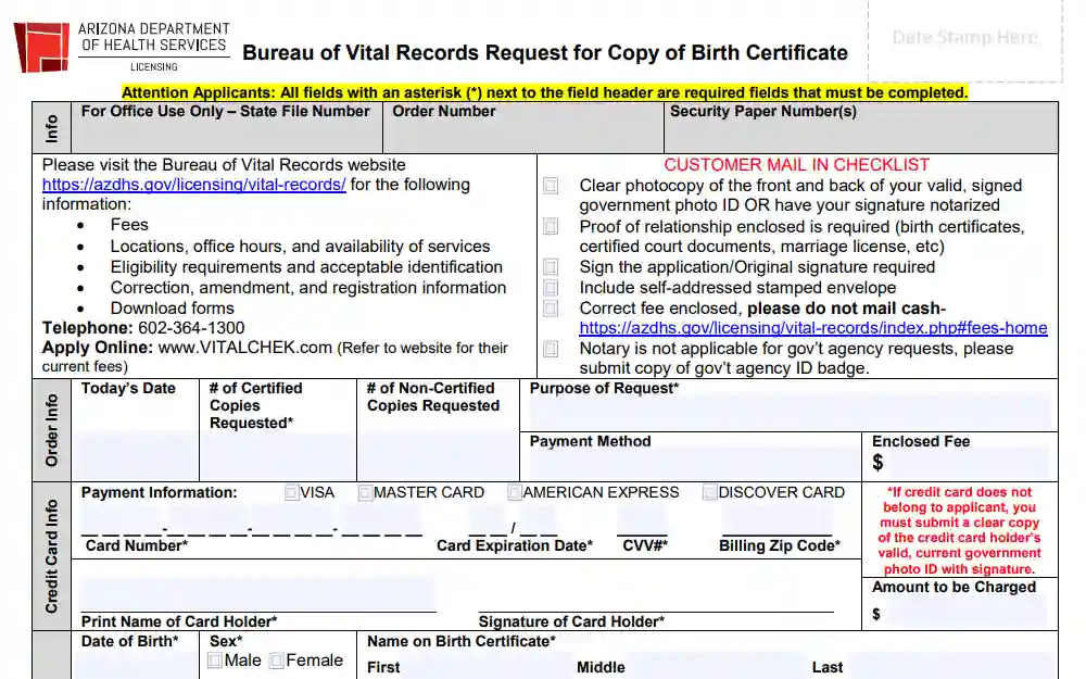 A screenshot of the form that can be used to request a copy of a birth certificate for yourself or someone else.