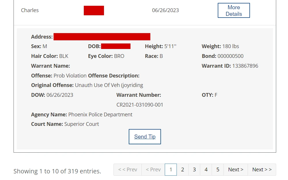 A screenshot of warrant information which includes the name, address, sex, hair color, eye color, date of birth, height and weight, etc.