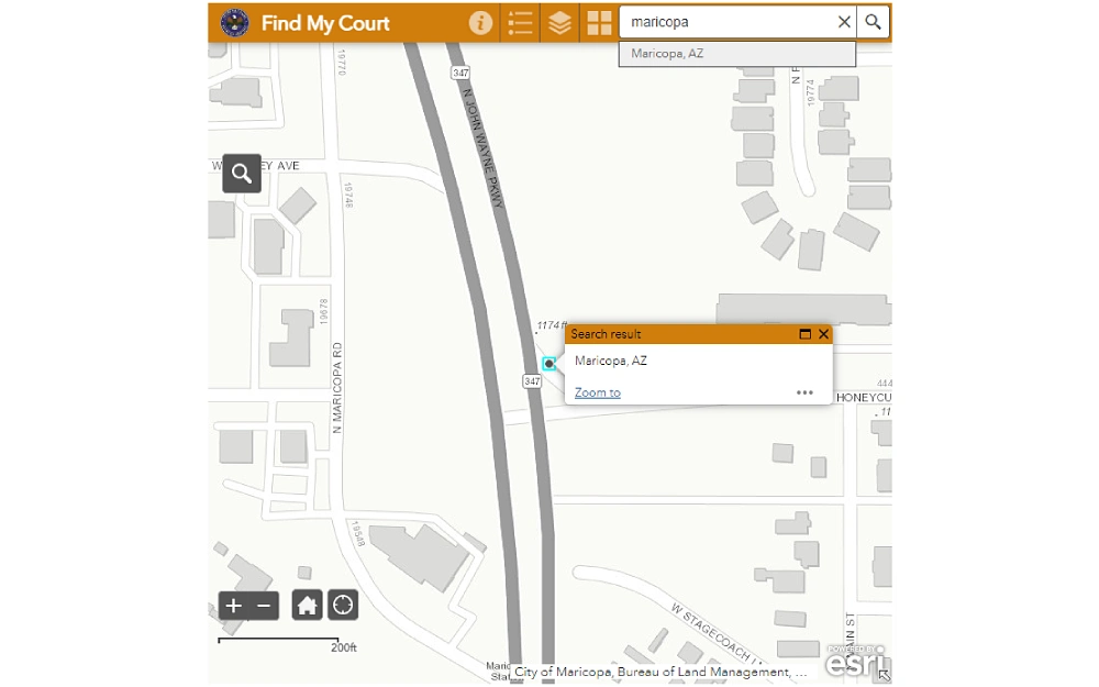A screenshot displaying a visualization and movable map of a court locator with a search bar to enter the desired location from the Arizona Judicial Branch website.