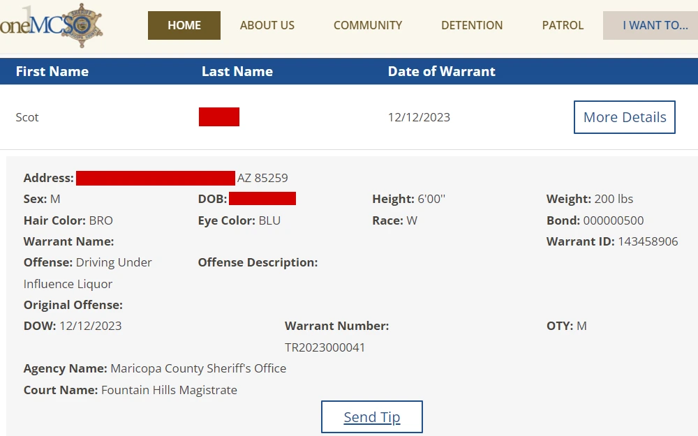 A screenshot of the case details of an individual with a warrant from the Maricopa County Sheriff’s Office, including the warrant date, warrant number, offense, address, date of birth, and descriptors.