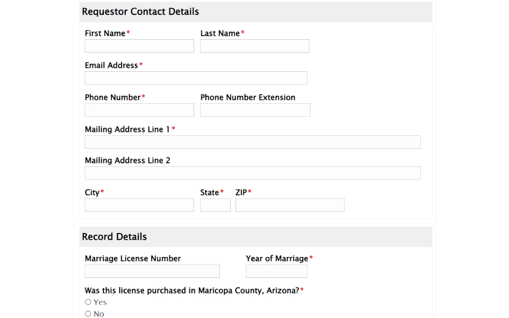 A screenshot displays a web-based interface for an individual to submit personal contact information and details for an unspecified record request, with mandatory fields for name, email, phone, and address, along with additional fields for record-specific information.