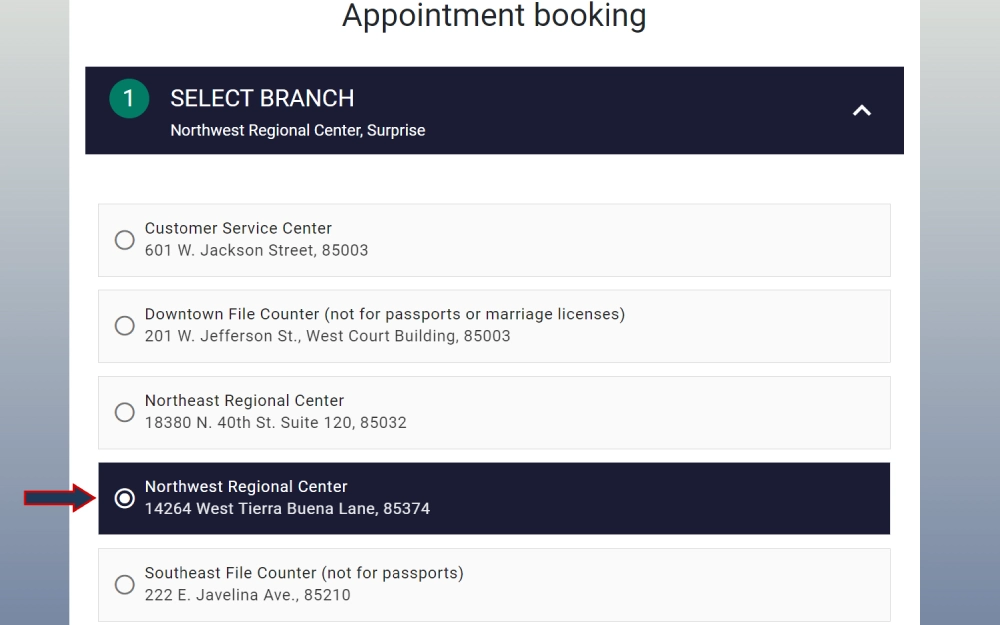 An online appointment booking interface for the Northwest Regional Center in Surprise, displaying various office locations for services, highlighted by the chosen Northwest Regional Center at 14264 West Tierra Buena Lane, with a note specifying exclusions for passport and marriage license services.