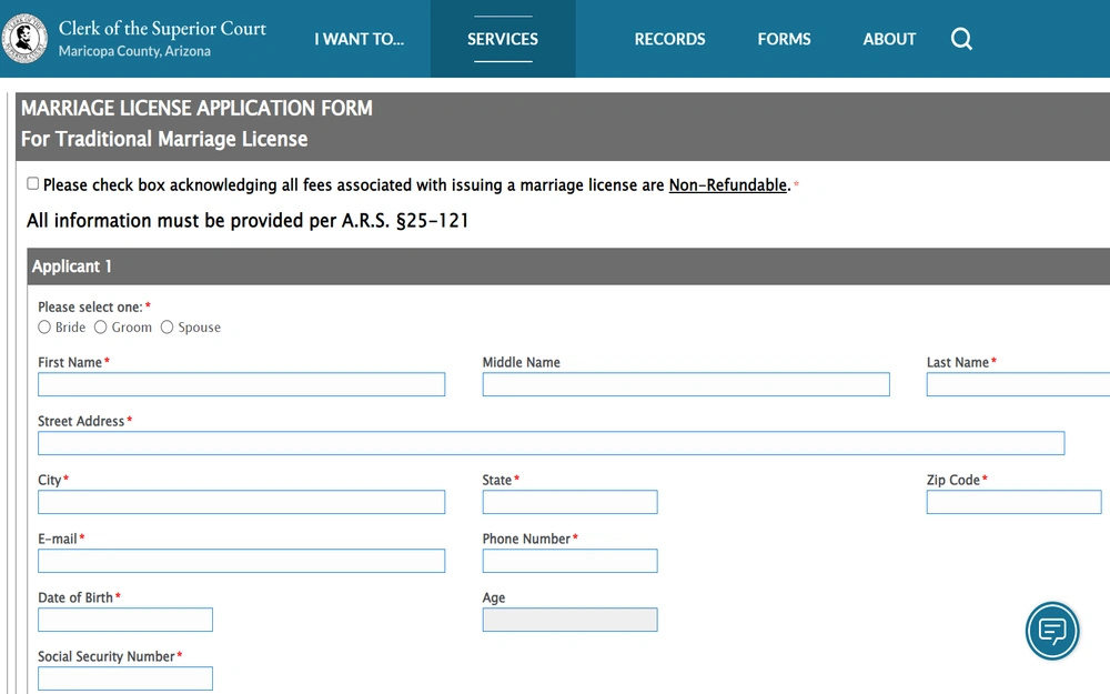 A screenshot displays a digital form titled "Marriage License Application" designed for couples seeking to formalize their union, featuring essential fields for personal and contact information such as names, addresses, and identification details, with a highlighted notice regarding the non-refundable fees according to the state's statutes.