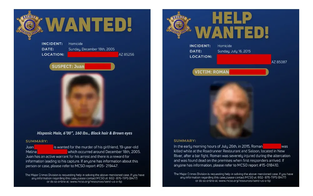 Screenshot of the wanted posters from the sheriff's office displaying the photos of individuals, their information, a summary of the case, and the office's tip line.