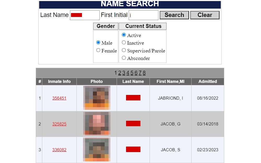 Screenshot from Arizona Department of Corrections, Rehabilitation & Reentry's inmate search tool, displaying the input fields for first name and last name, the options for gender and current status, and the results in table form, containing the following details: inmate number, photo, last name, first name, middle initial, and admission date.