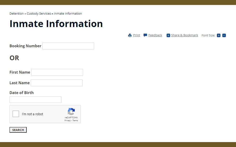 Screenshot of the inmate information search tool provided by the sheriff's office of Maricopa County, Arizona, with input fields for either booking number or first name, last name, and date of birth.