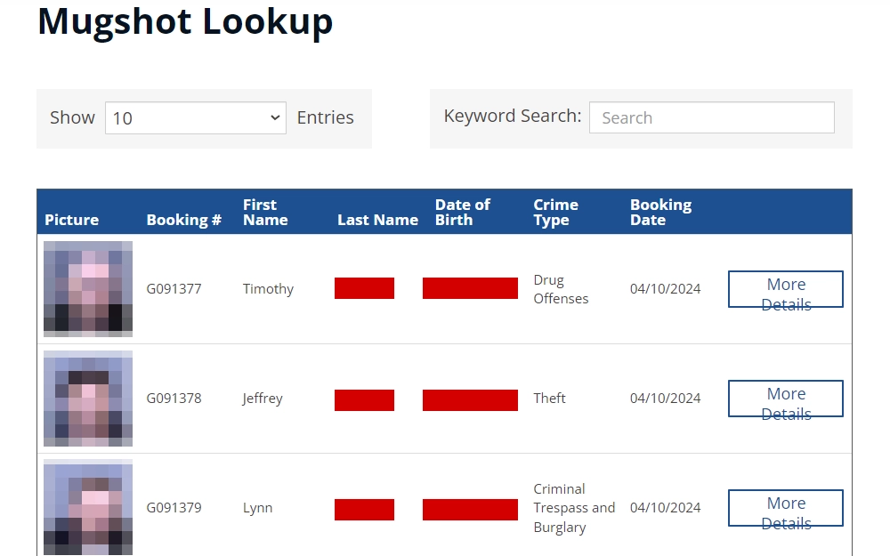 Screenshot from Maricopa County Sheriff's Office's mugshot lookup page, displaying the offenders' information in table form, including the following from left to right: picture, booking number, first name, last name, date of birth, crime type, and booking date, with an option to view more details in the last column.