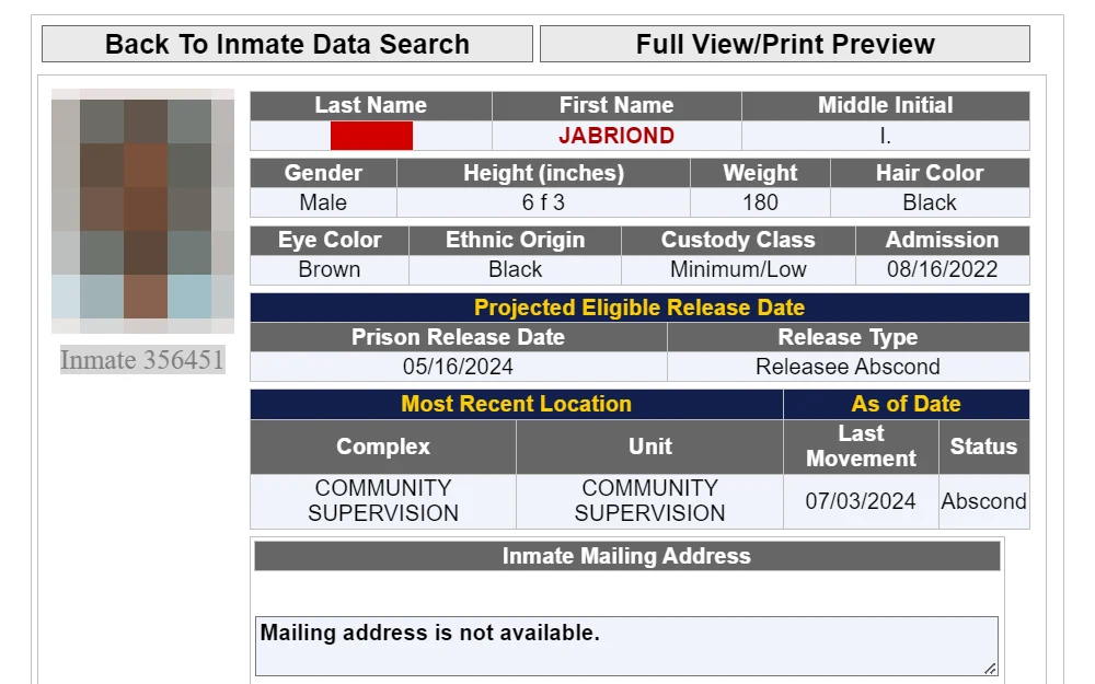 A screenshot from the Arizona Department of Corrections, Rehabilitation & Reentry search tool shows an inmate’s information, including mugshot, name, gender, characteristics, custody class, admission date, release date and type, most recent location, last movement date, and status.