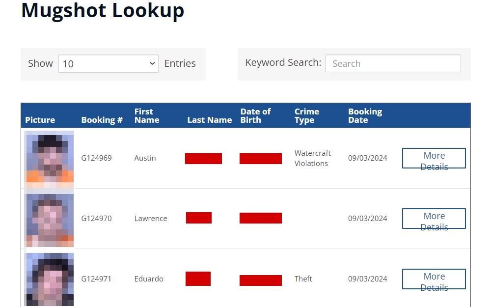 A screenshot from the Maricopa County Sheriff's Office displays a list of offenders with the following details from left to right: mugshot, booking number, first name, last name, DOB, crime type, booking date, and a button for more details.